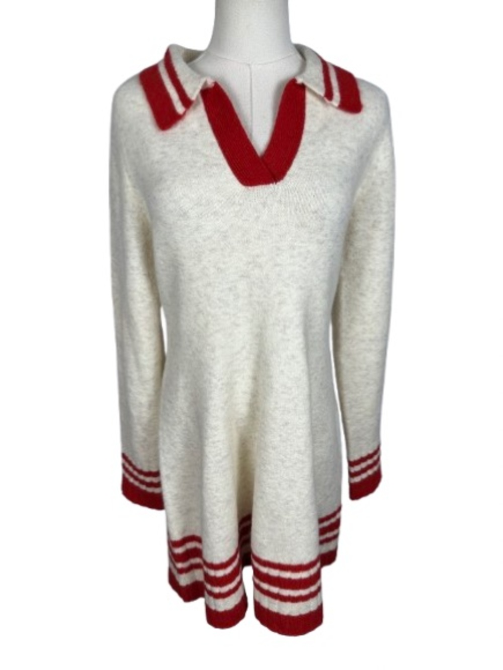 Lulu's Cream V-Neck Sweater Dress with Red Orange Trim Size L